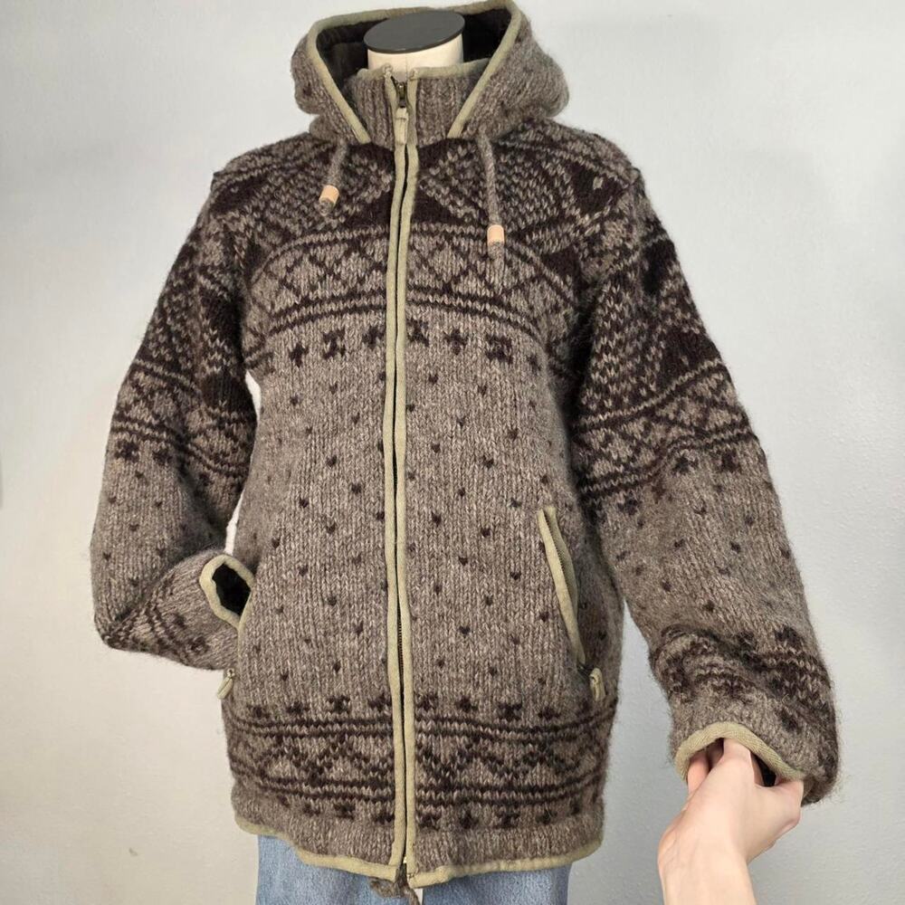 Laundromat Wool Sweater High Neck Callor Jacket Fair Isle Fisherman Coat Size XL